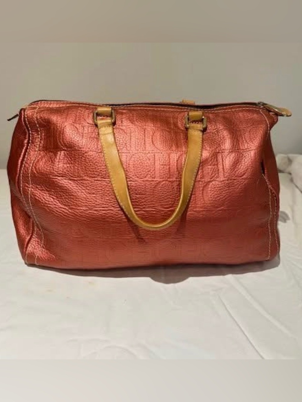 Carolina Herrera metallic copper tote with tan handles